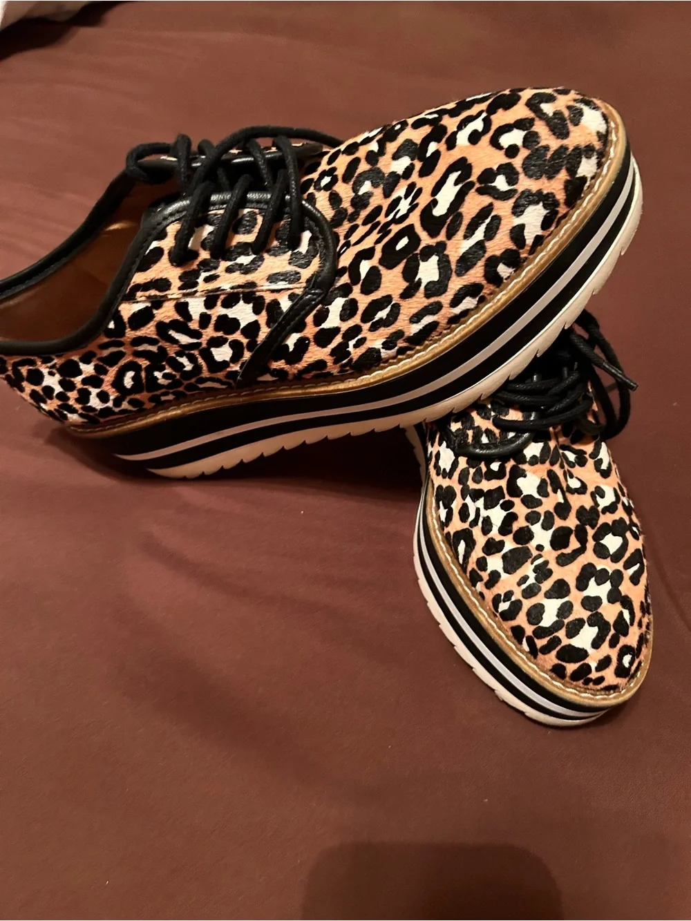 Giani Bini calf-hair leopard print, black/white stacked sole sz9 slaede oxford